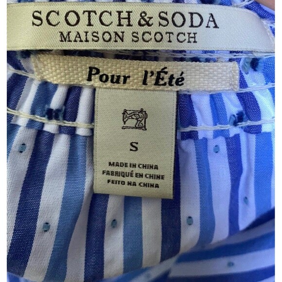 Chic Bardot Blouse Blue White Stripe Off Shoulder Smocked Tie Sleeve Top S - Picture 15 of 16